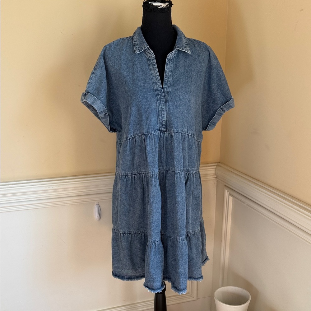 Umgee Blue Denim Tiered Midi Dress - Picture 2 of 10